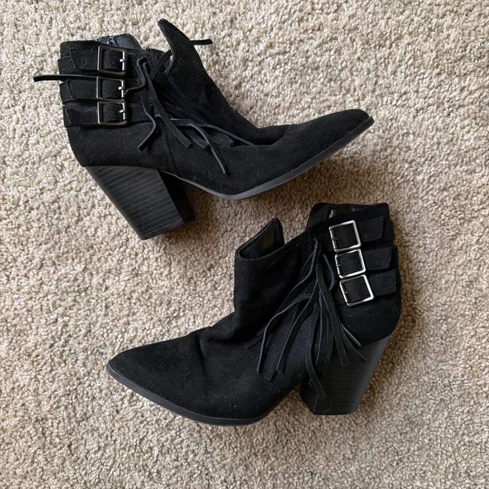 Black Ankle Boots with Fringe and Buckles